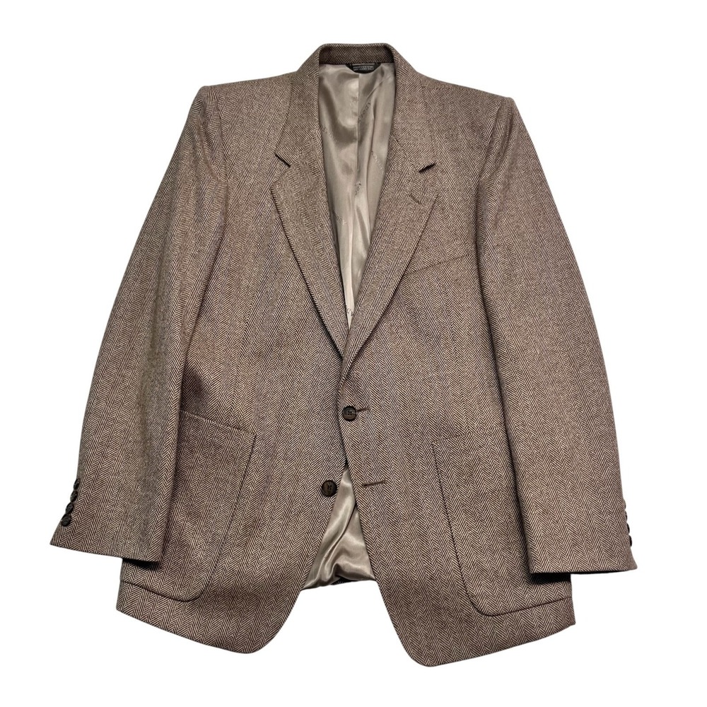 vtg Adolfo 40R Tan Brown Herringbone Blazer Jacket‎ Sport Coat 100% Wool USA